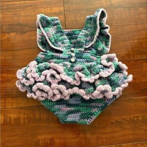 Kids hand and crochet knitted purple and green romper size 1-12m